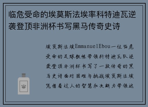 临危受命的埃莫斯法埃率科特迪瓦逆袭登顶非洲杯书写黑马传奇史诗